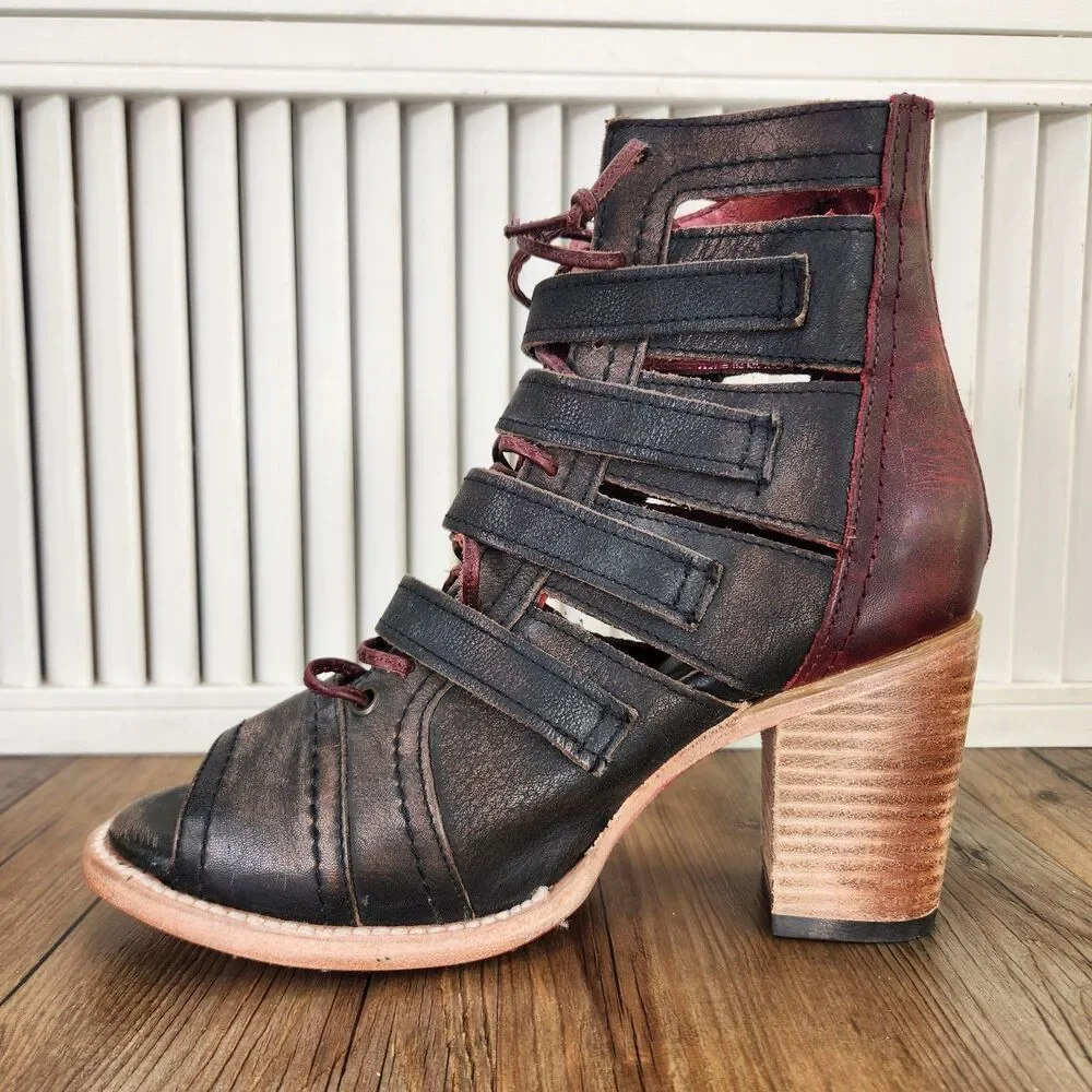 Freebird Braeden Heeled Sandal Booties Womens Sz 9 Black Red Buckle Strap Shoes